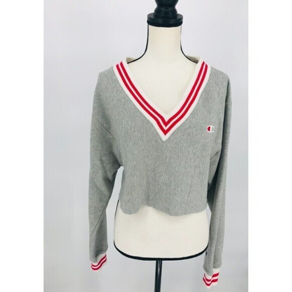 Champion Life Reverse Weave Yarn Dye Stripe Cropped V-Neck Sweatshirt‎ Women's S - Picture 1 of 12